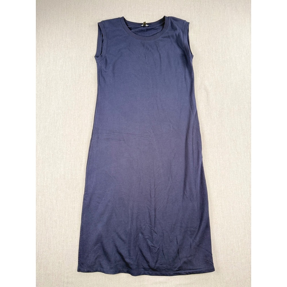 Talbots Navy Blue French Terry Sleeveless Midi Dress Crew Neck Slits Size M